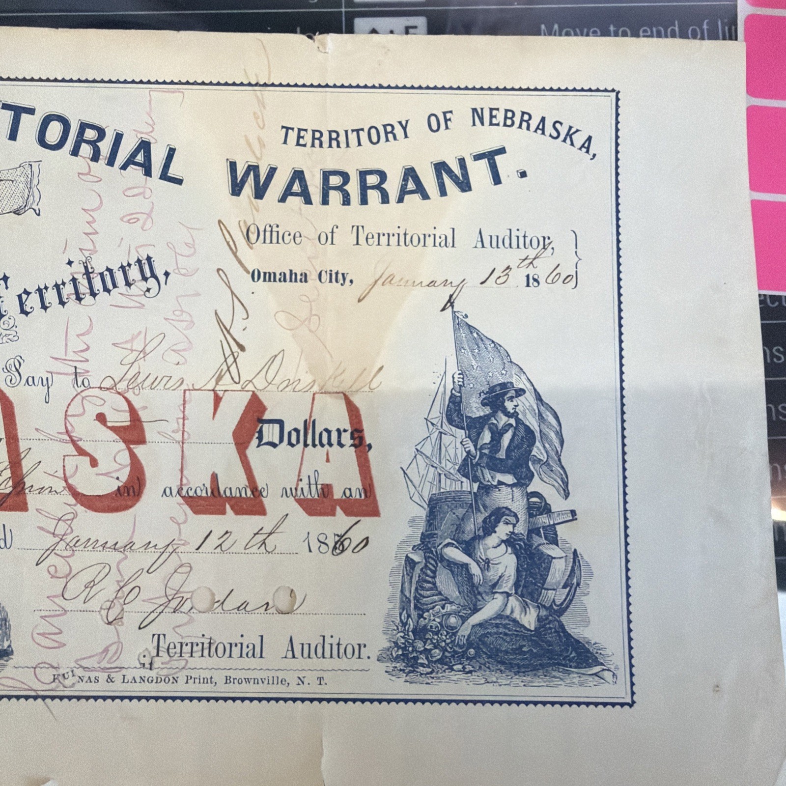 1860 Omaha City - Nebraska Territorial Warrant - $50 Canceled