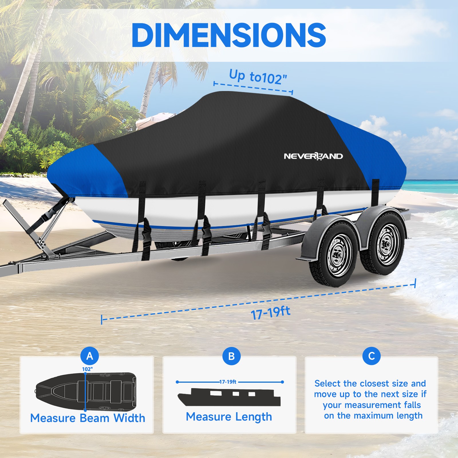 17ft 18ft 19ft Trailerable Waterproof Boat Cover 210D V-Hull Fit up to 102" Beam