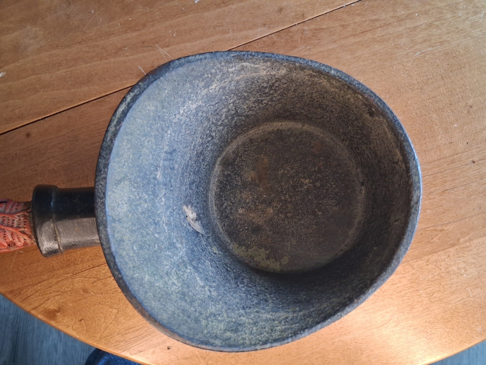 Antique 12" Big Chinese Bronze Silk Iron w/ Carved Cinnabar Handle, Hole Shown