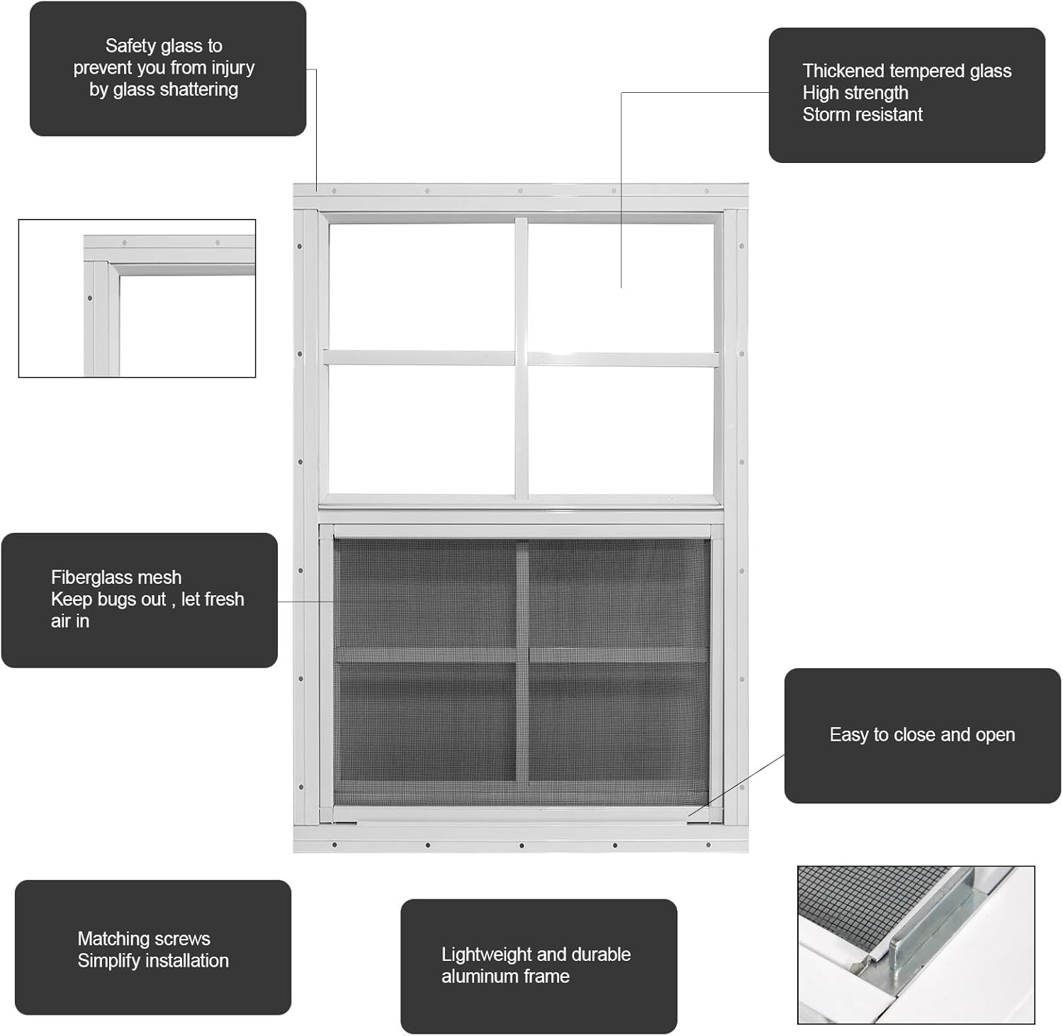 24" X 36" Shed Windows with Tempered Glass and Fiberglass Screen, 2 Pack Small S
