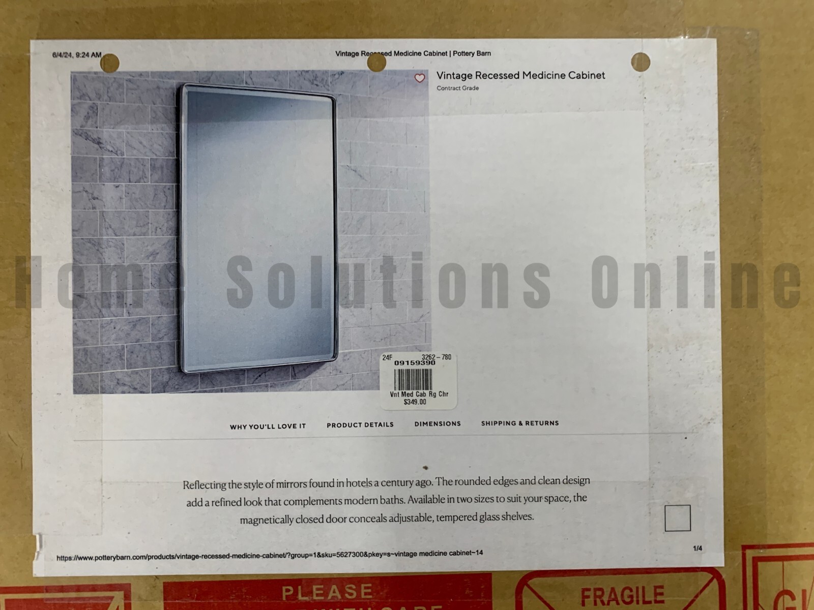 Pottery Barn Vintage Recessed Medicine Cabinet Chrome 17" x 27" #U200 READ