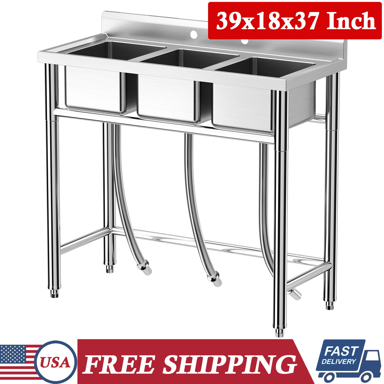 3 Compartment Stainless Steel Sink w/ Hot & Cold Hoses for Restaurant & Kitchen