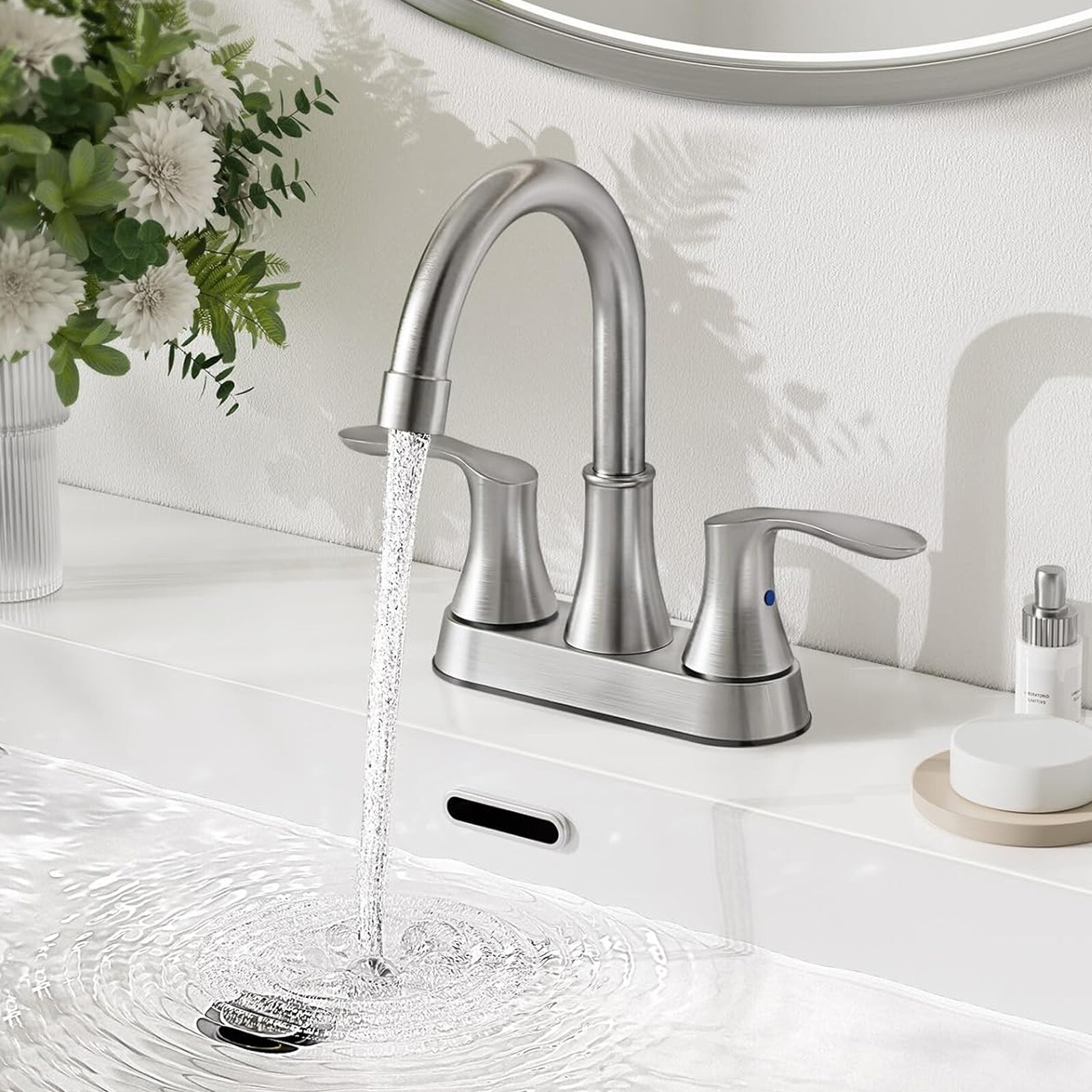 Brushed Nickel Bathroom Sink Faucet 3Hole 4in Centerset Vanity Mixer with Drain