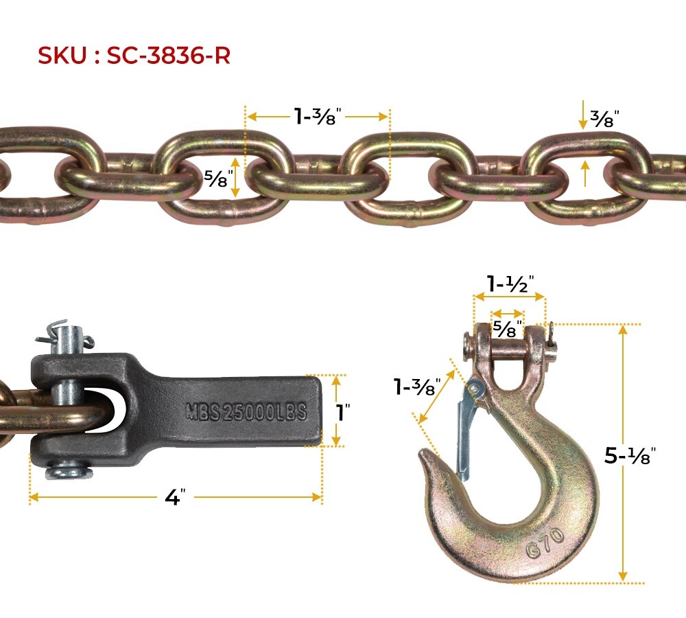 2Pk 36" G70 Trailer Safety Chain w/ 3/8" Clevis Hook & Chain Retainer 6250 # WLL