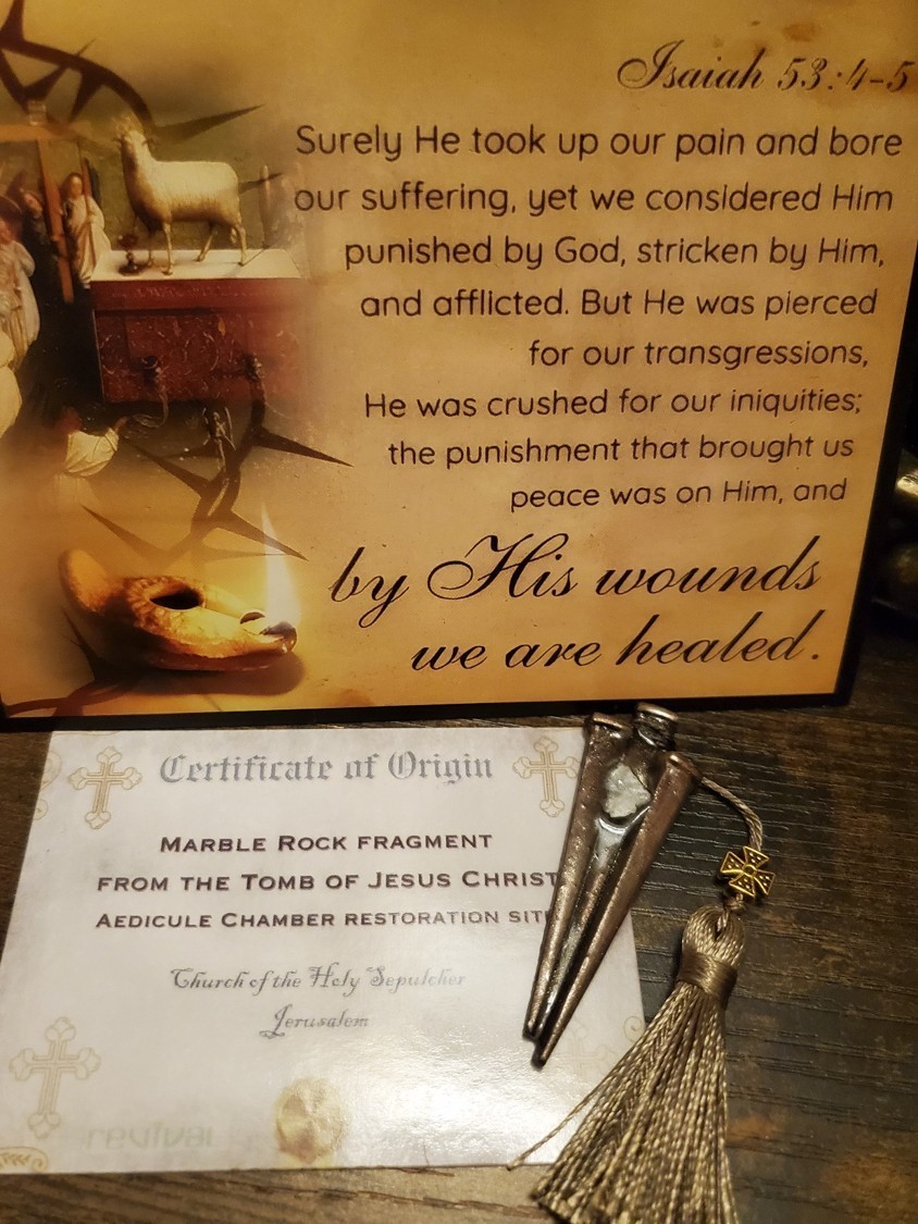 Tomb of Jesus Prayer Medallion with Stone From Tomb of Jesus Holy Sepulchre