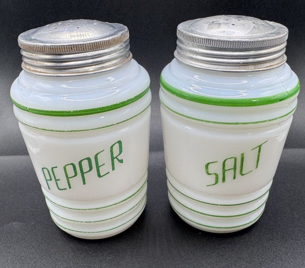 HAZEL ATLAS White Milk Glass Green Letters 1940s Ribbed Salt Pepper Shakers Set