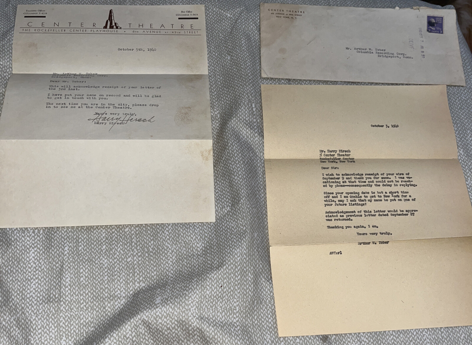 1940 Letterhead: Center Theatre Rockefeller Center Playhouse New York City NY