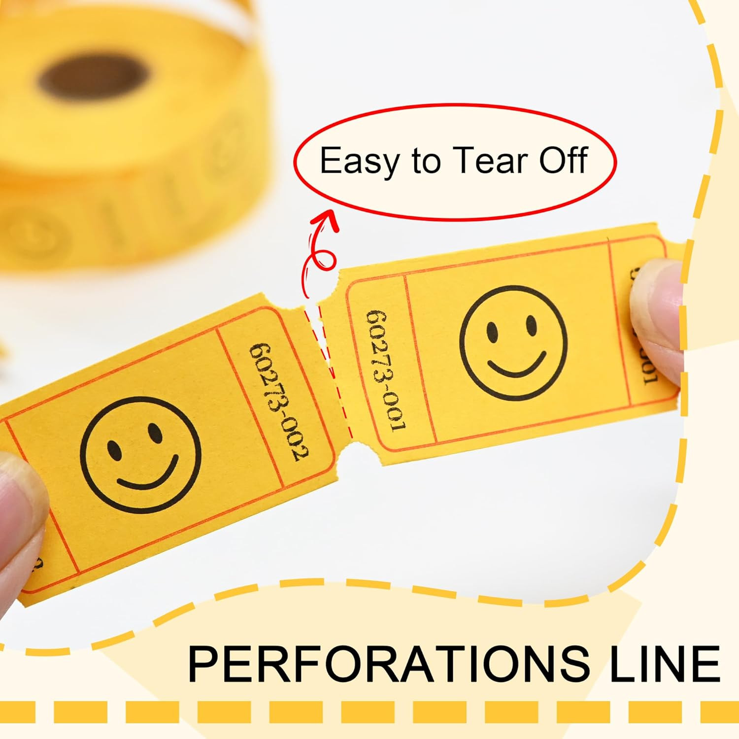 500 Raffle Tickets, Smile,Yellow(6 Color Selection), Single Roll, Ticket for Eve