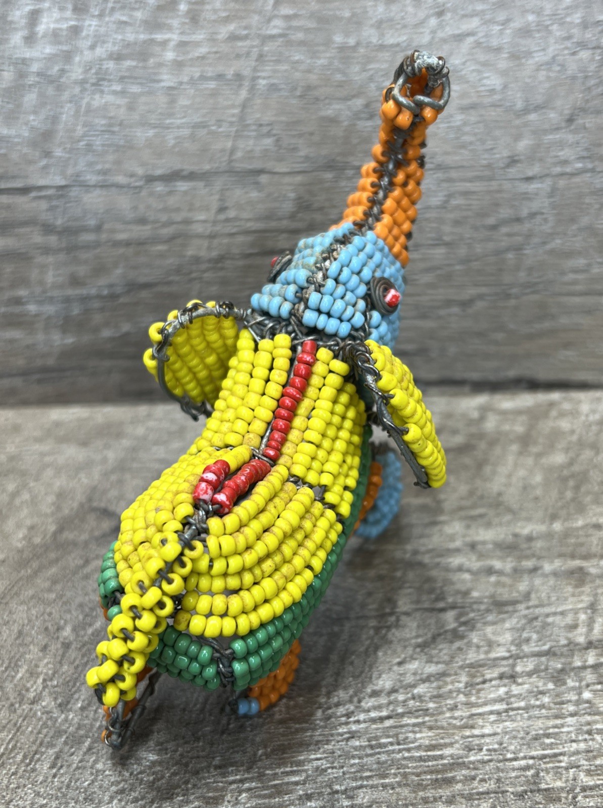 Handcrafted Elephant Beaded Wire Sculpture with Trunk Up for Good Luck Sculpture