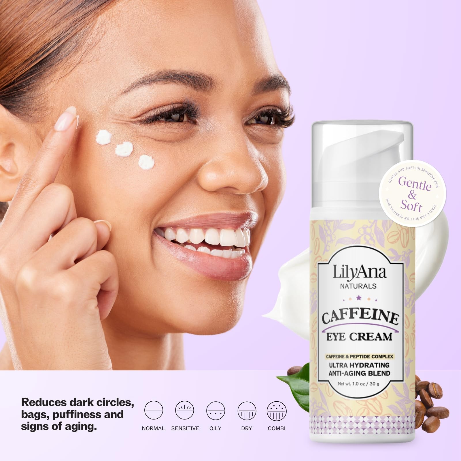 LilyAna Naturals Caffeine Eye Cream: Peptides for Dark Circles, Puffiness, Fine