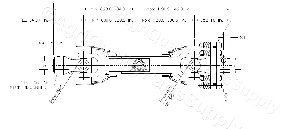 PTO Shaft with Slip Clutch for Rotary Tillers, BUSH HOG, CARONI, LANDPRIDE