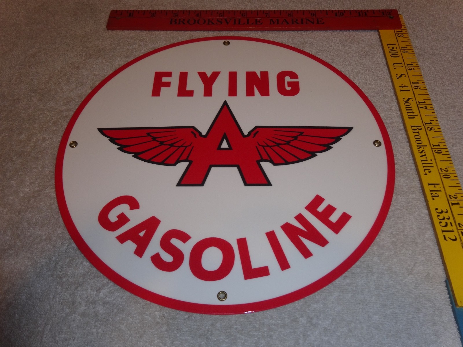 VINTAGE FLYING A GASOLINE WHITE 11 3/4" PORCELAIN METAL SERVICE STATION OIL SIGN