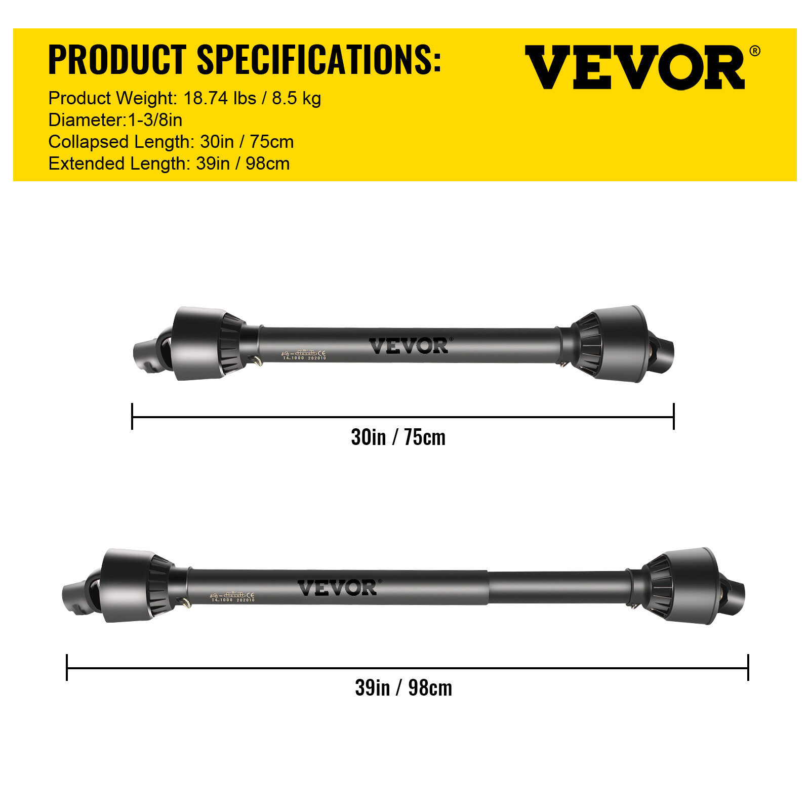 VEVOR PTO Shaft PTO Driveshaft 1-3/8" 6 Spline/Round T4 Black 30-39" for Tractor