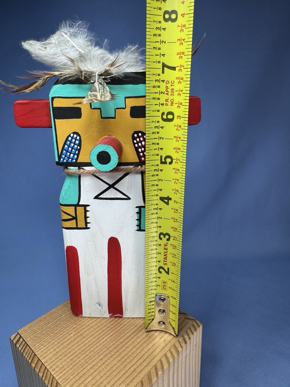 VTG Hopi Puchtihu Corn Kachina Flat Carved Wood With Feathers 7” Sign Puhuyesua