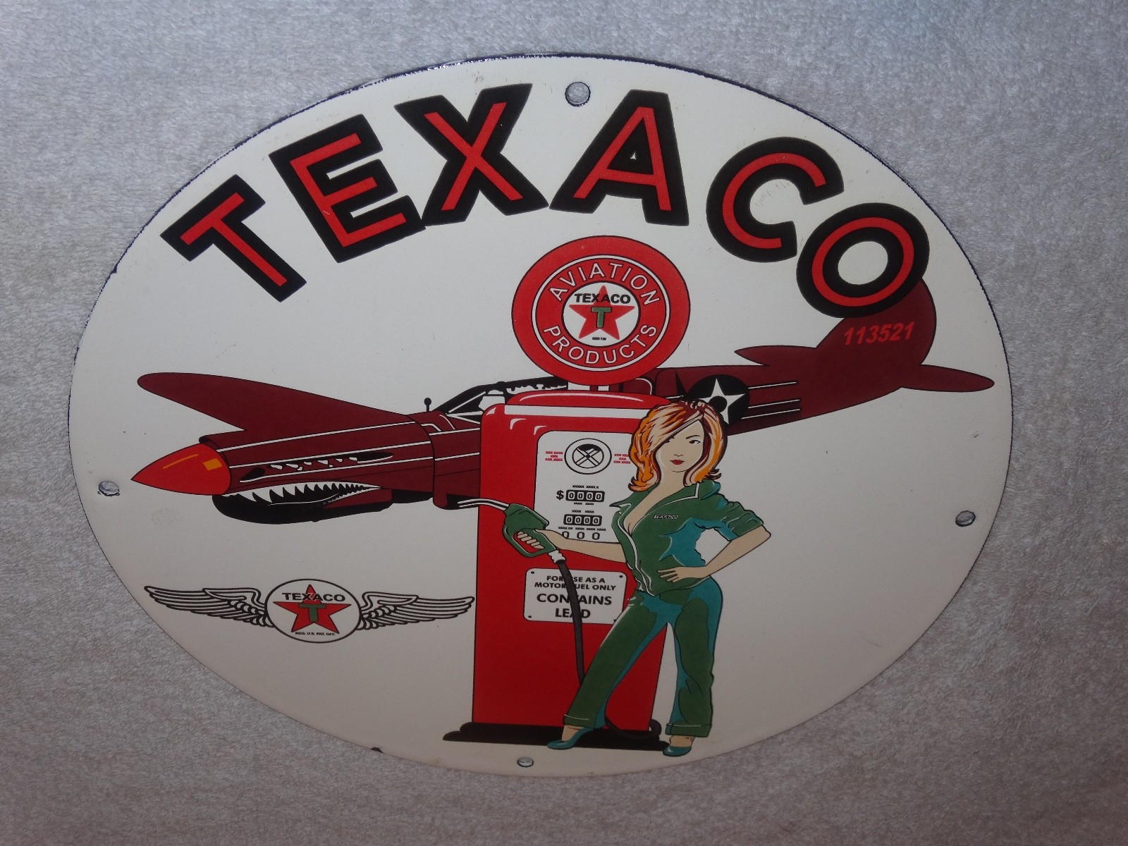 VINTAGE TEXACO AVIATION FEMALE MODEL WW2 AIRPLANE 11 3/4" PORCELAIN GAS OIL SIGN