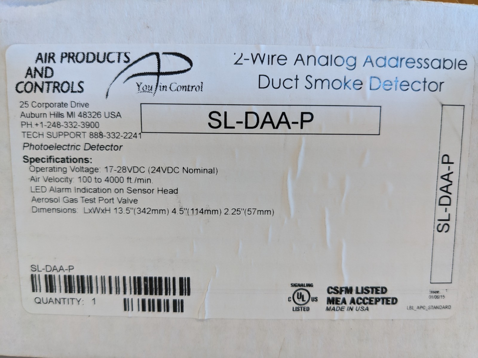 Air Products & Controls SL-DAA-P 2-Wire Analog Addressable Duct Smoke Detector.