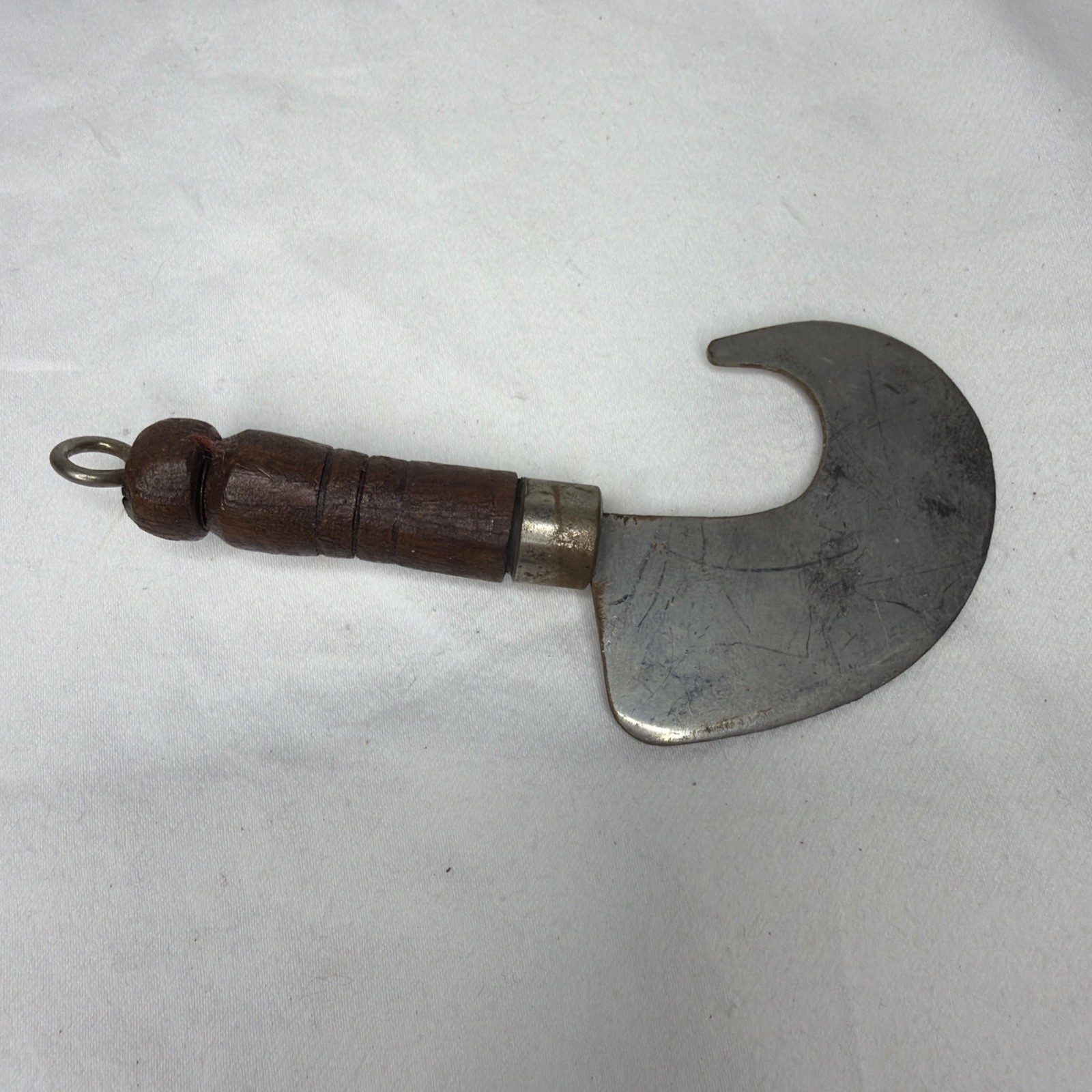 Antique Billhook Knife Wood Handle Leather Pruning Carpet Making Tool 4”