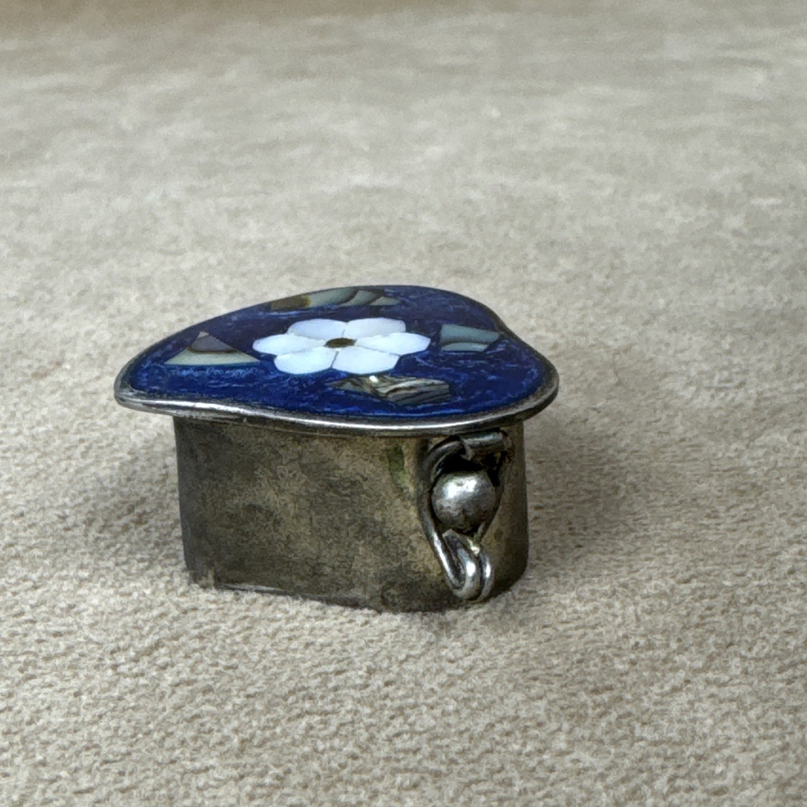 VTG Alpaca Mexico Silver Abalone Shell Inlay Pill Box Trinket-Flower Heart Daisy