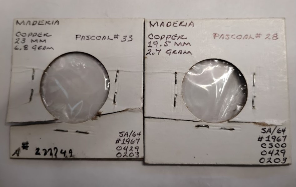 2 Mid 1800's Madeira Portugal T.S.P. Tobacco Plantation Tokens 20 Réis & 10 Reis