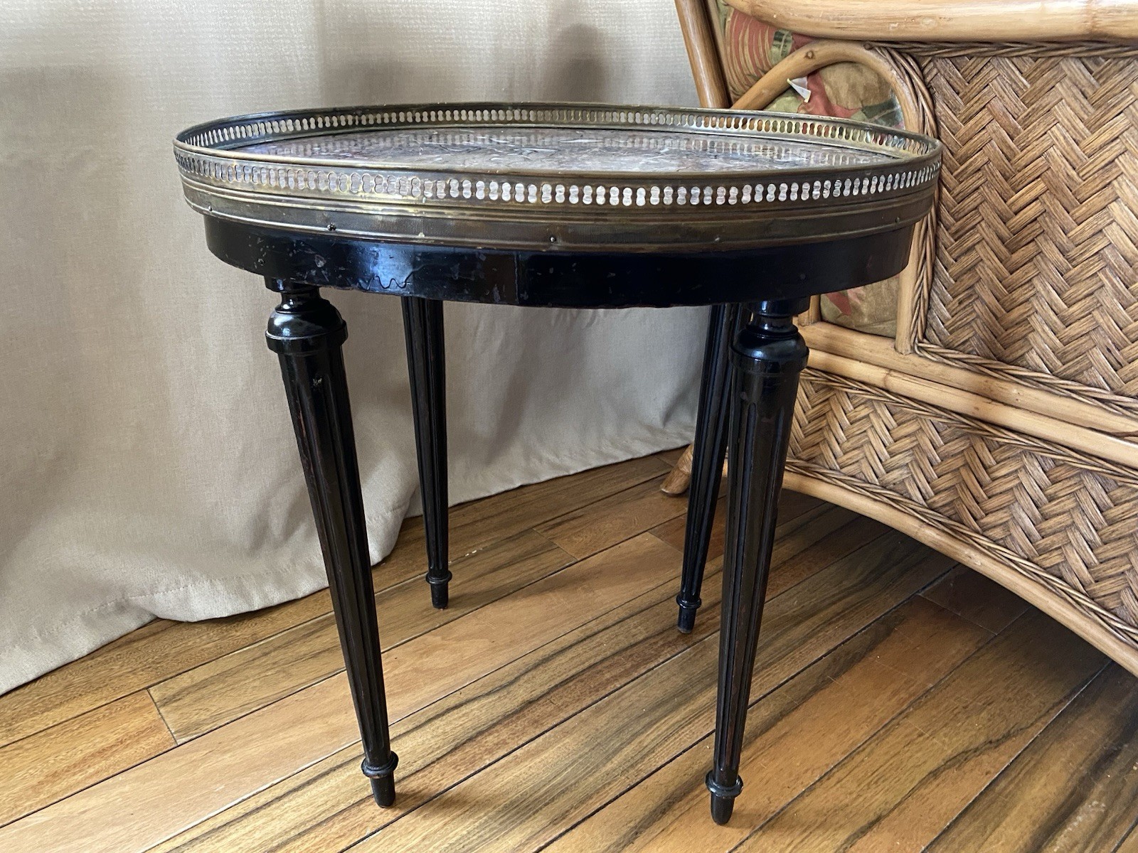 FRENCH Louis XVI Style Small Bouillotte Marble Top And Brass Edge Side Table