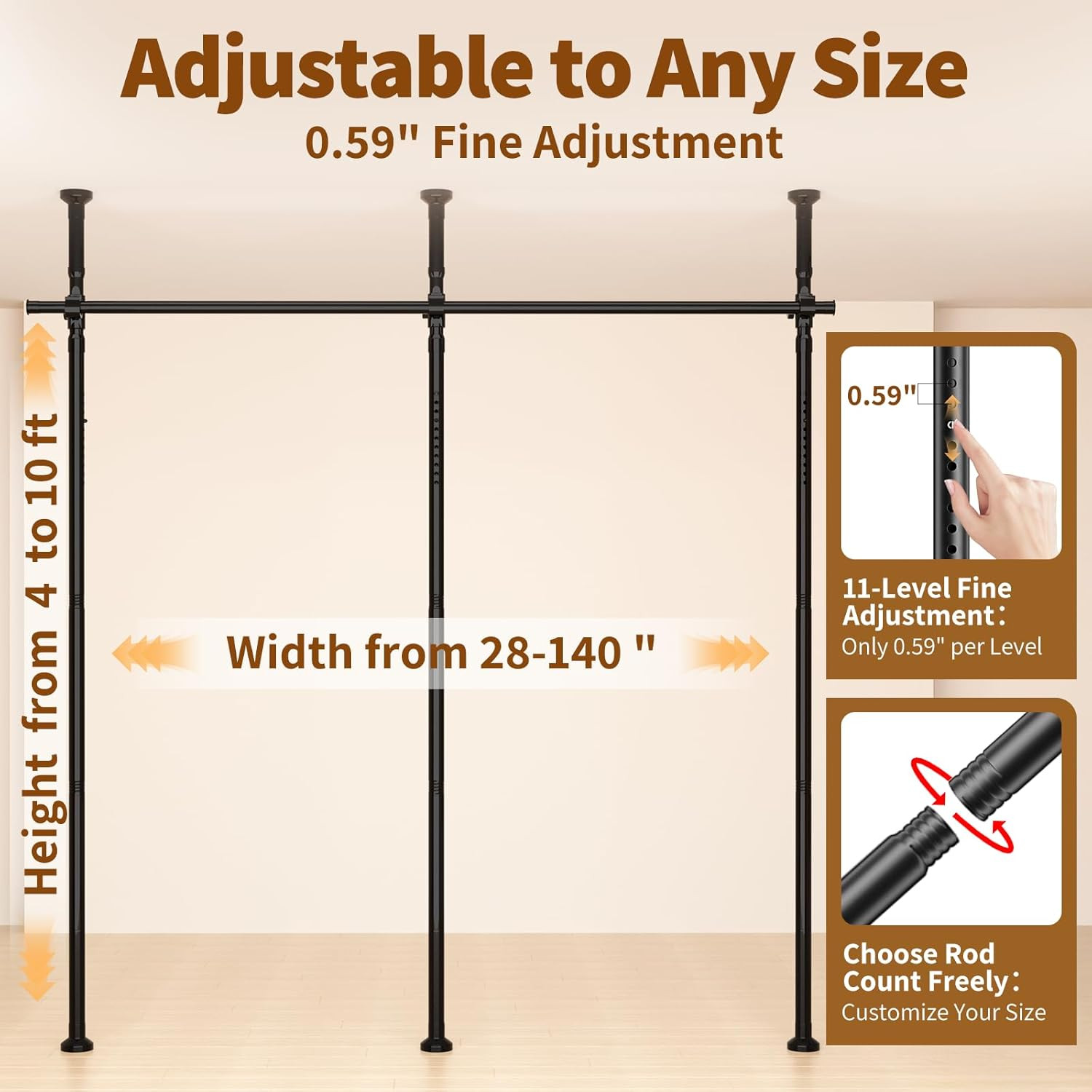 Adjustable Room Divider, 4-10Ft Height, No-Drill Privacy Wall Separator, Black