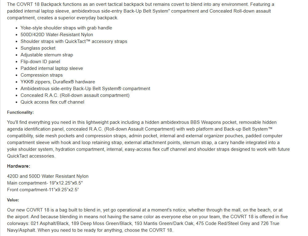 5.11 Tactical, Blackhawk, Camelbak, Condor, Eagle, LBT - COVRT18 v1.0 Backpack