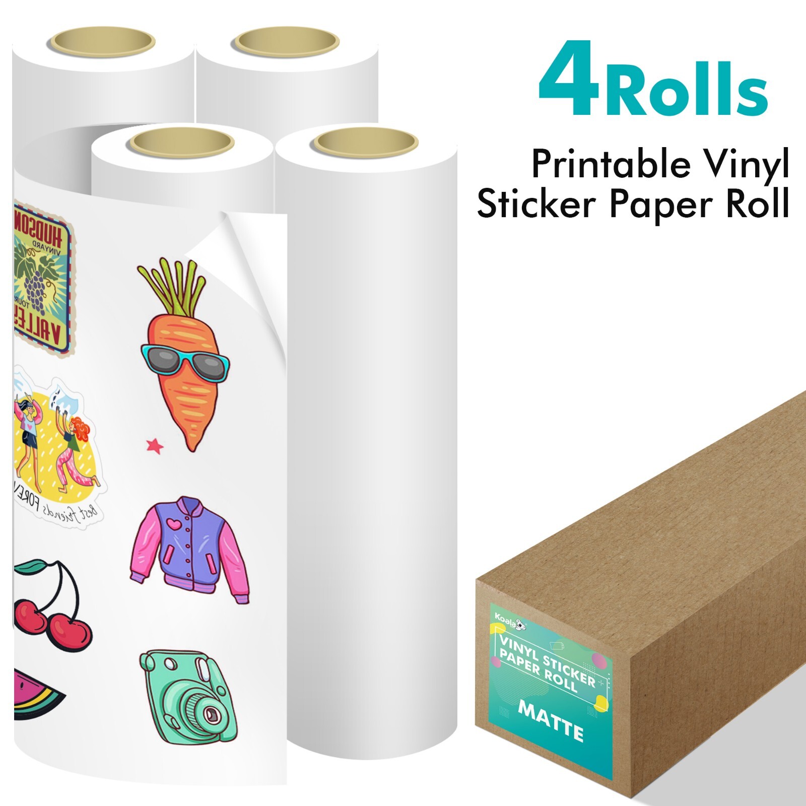 Koala Printable Vinyl Sticker Paper 4 Rolls 13"X32.8 FT Matte White Inkjet Print