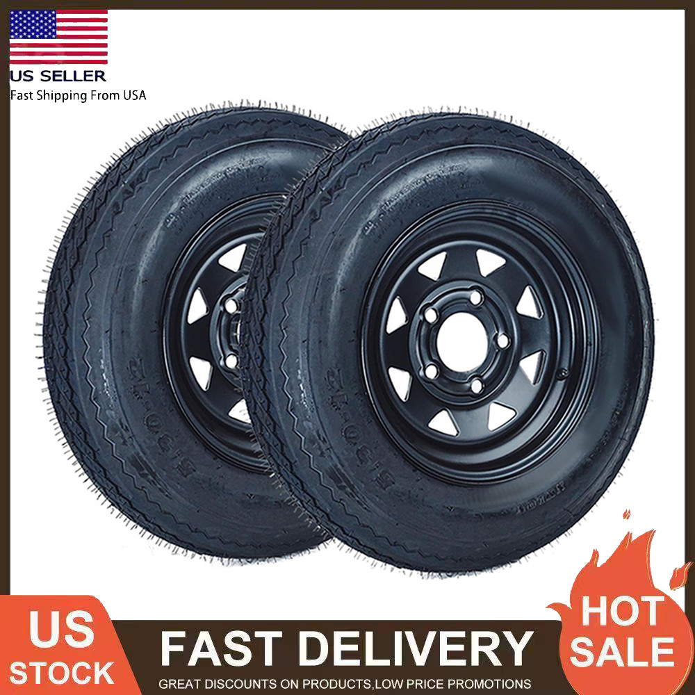 2 Pack 5.30-12 5.30x12 530-12 Trailer Tires w/12" Rims 5 Lug on 4.5" Black Wheel