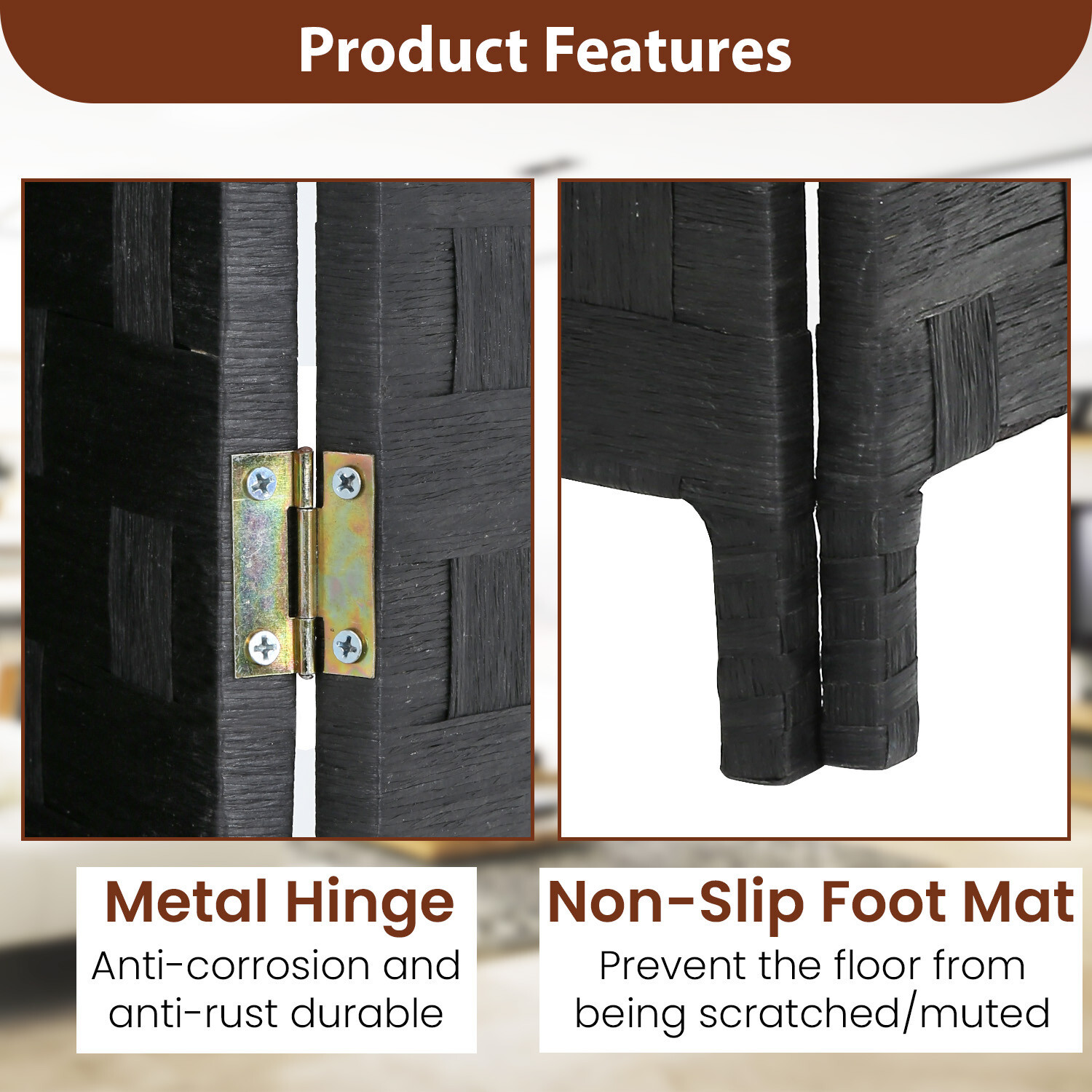 Room Divider 6FT Wood Mesh Hand-Woven Room Divider, 4-Panel Indoor Folding Black