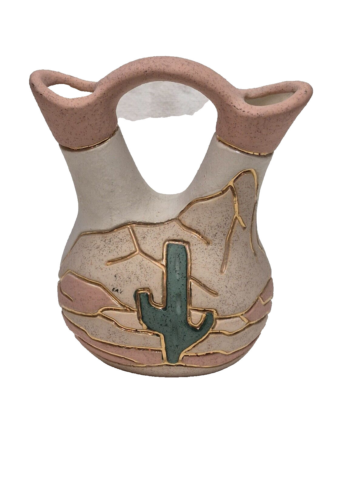 Native American Navajo Art Pottery Wedding Vase Signed Cactus With Gold Accents