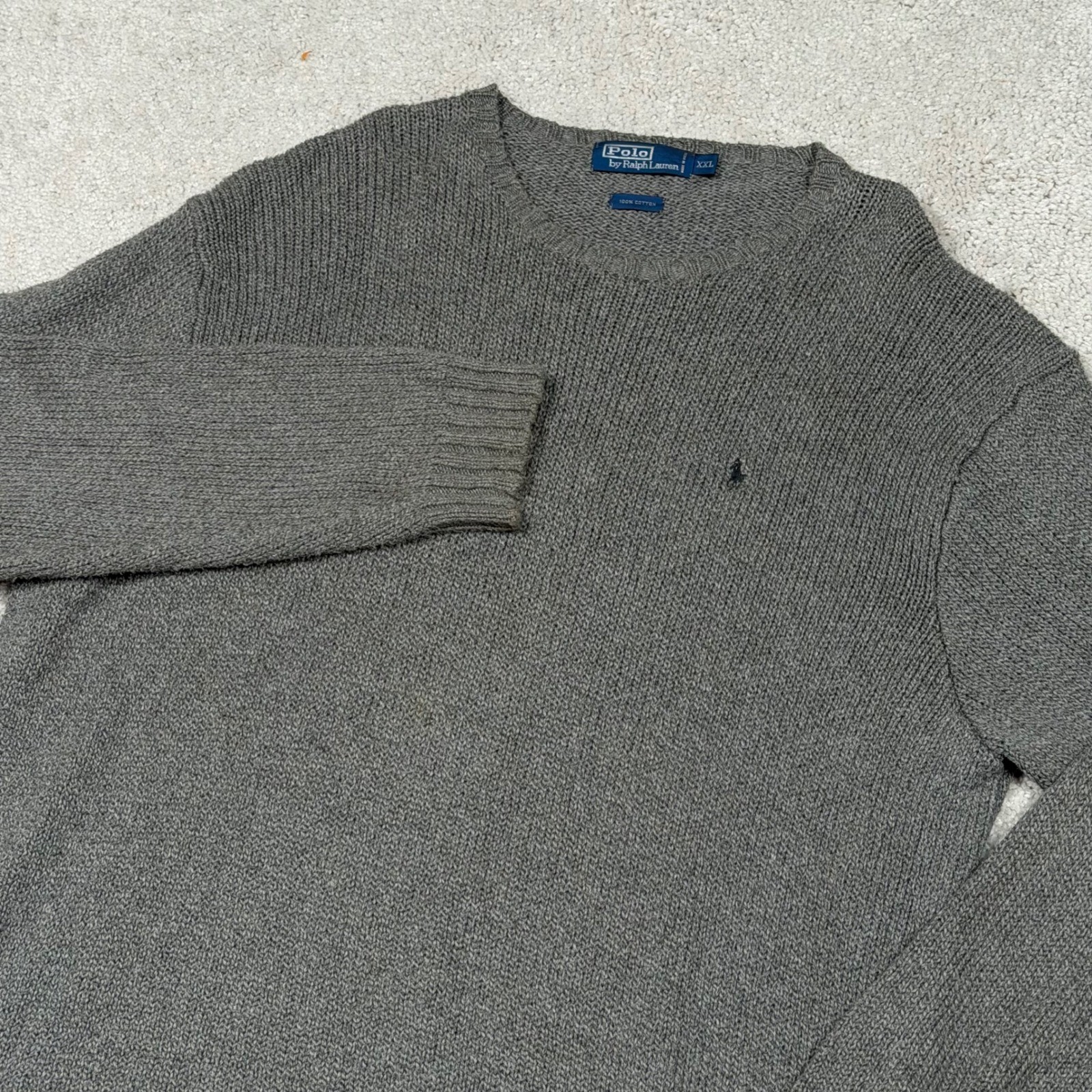VTG Polo Ralph Lauren Men's Grey 100% Cotton Crewneck Knit Sweater XXL