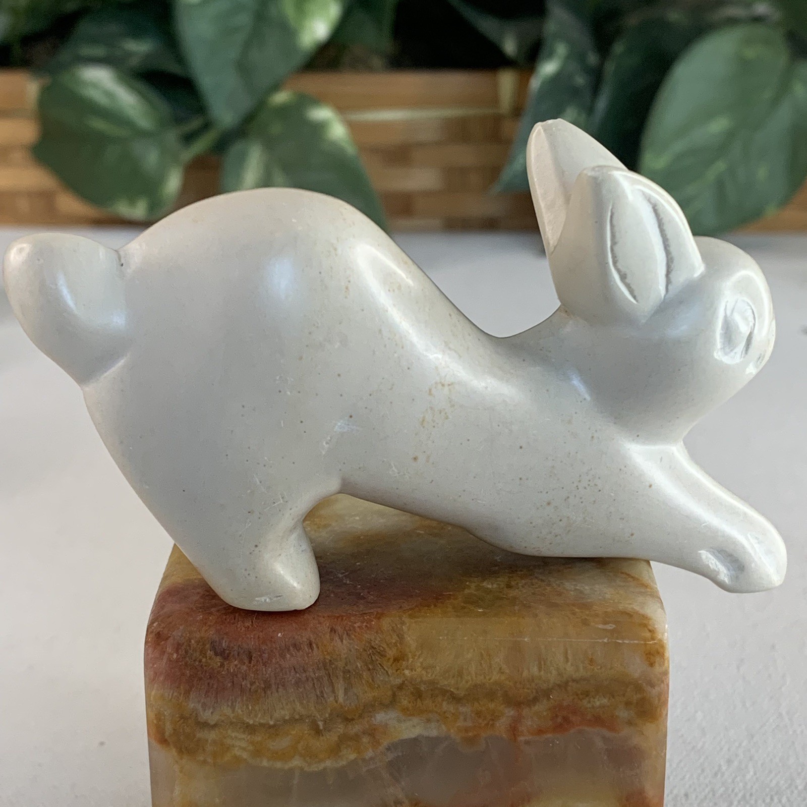 Large Soapstone Carved Rabbit Figurine Stone Bunny Carving Animal Figure 4.2”