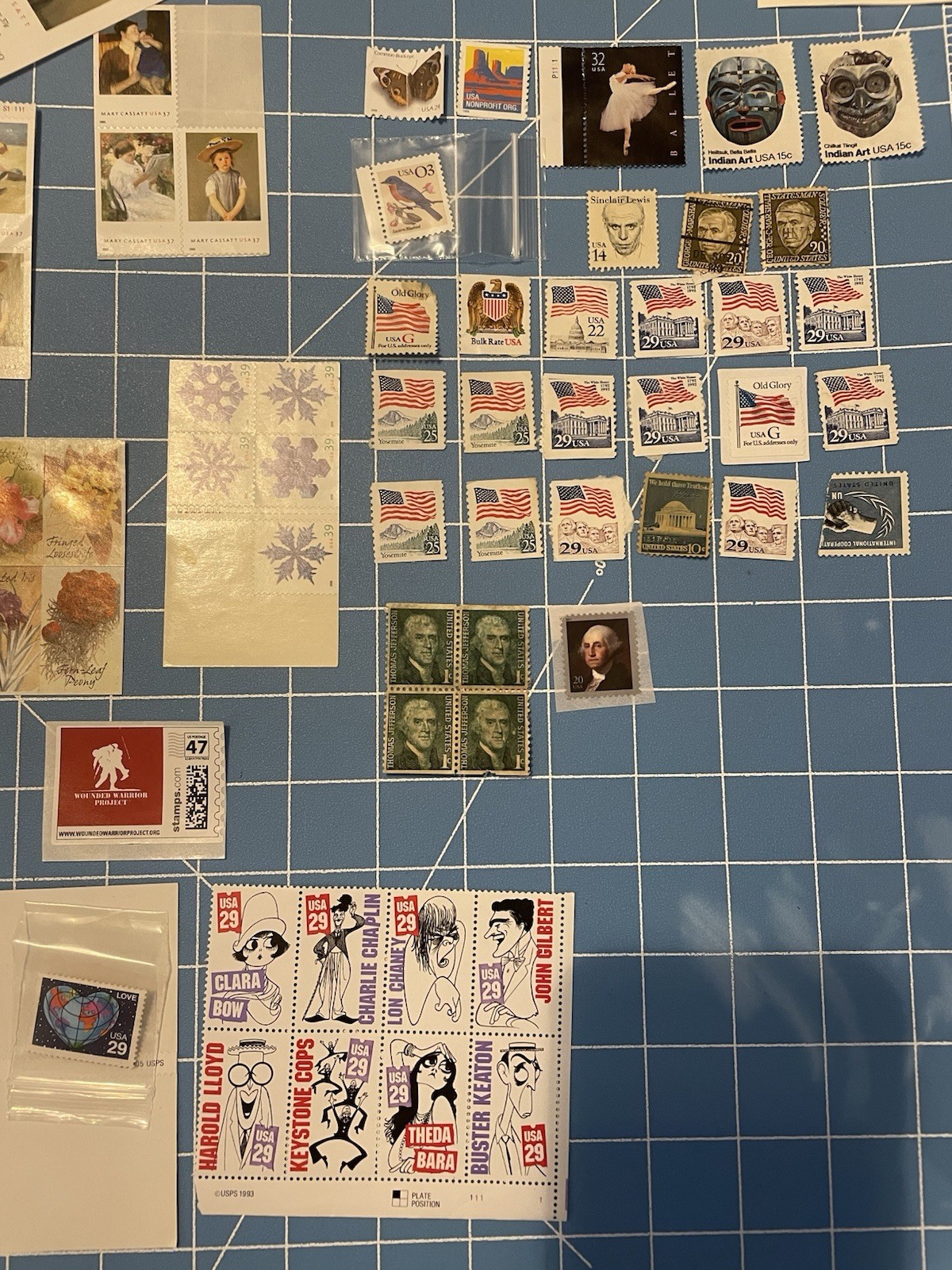 Mixed Stamp Collection 70’s-90’s Silent Screen Stars Love Doves Old Glory’s Art
