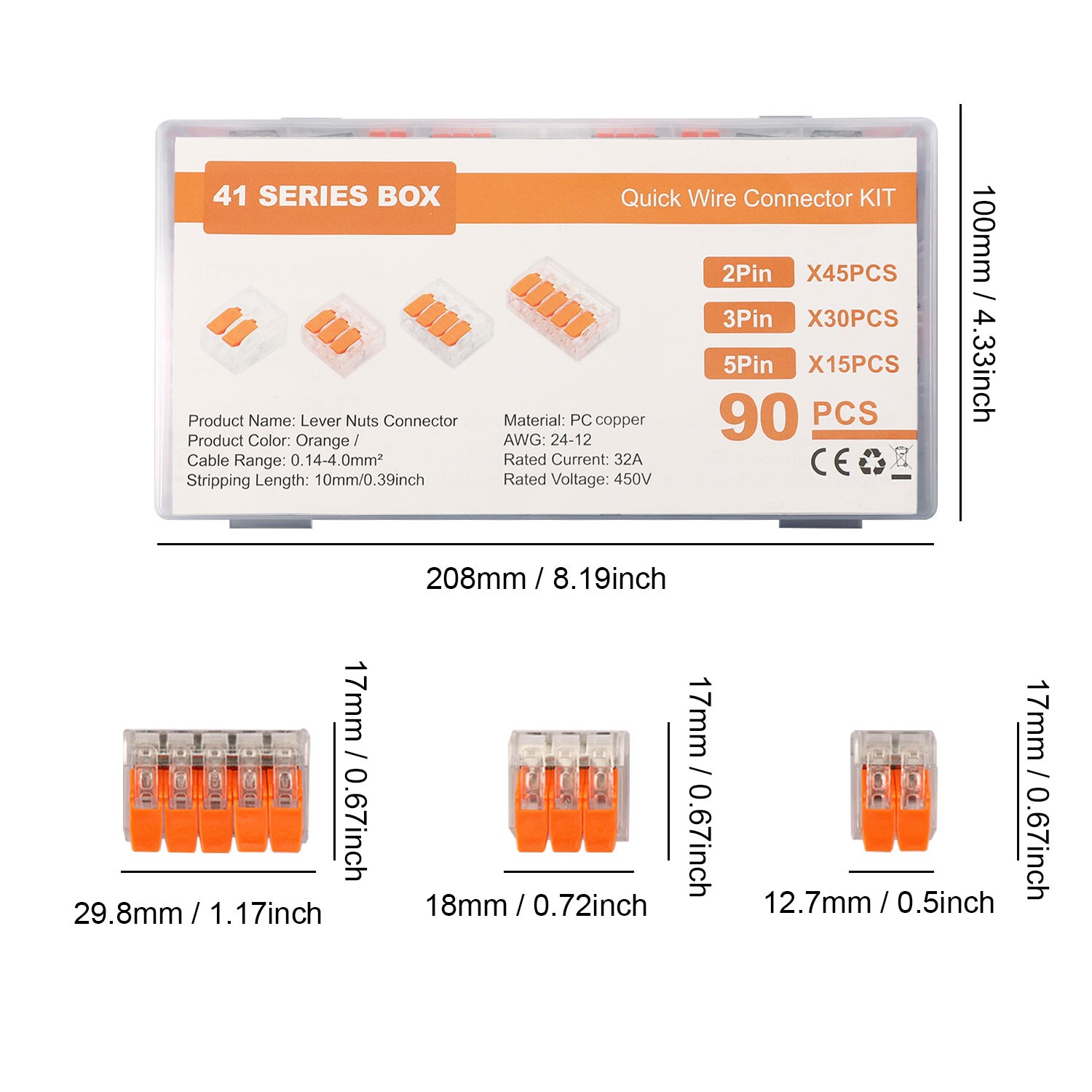 90Pcs For Wago 221 Lever Nuts Compact Splicing Wire Connectors - 2/3/5 Terminal