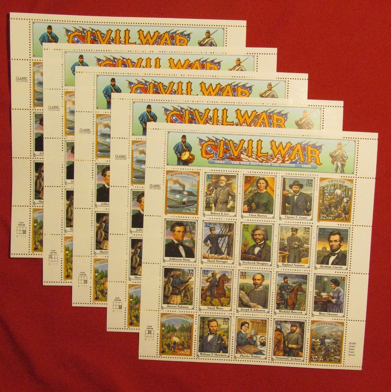 Four Sheets x 20 = 80 of American CIVIL WAR 32¢ US USA Postage Stamps. Sc # 2975