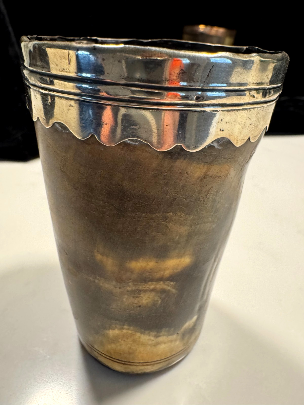 2 GEORGIAN COPPER/GOLD & SILVER RIMMED CUPS BANDED BASES GREAT CONDITION