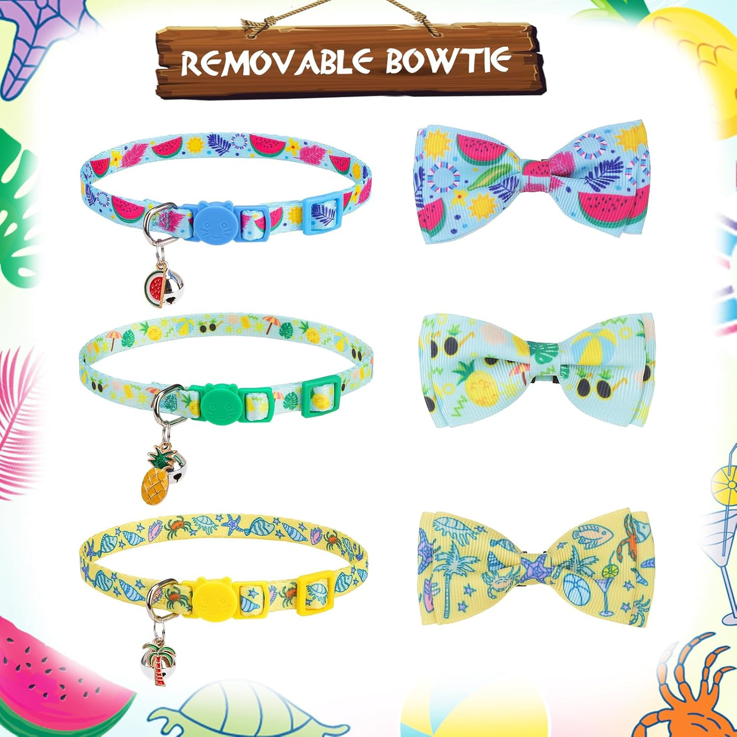 Summer Bow Tie Cat Collar with Bell - Breakaway Safety 3-Pack, Adjustable Bowtie
