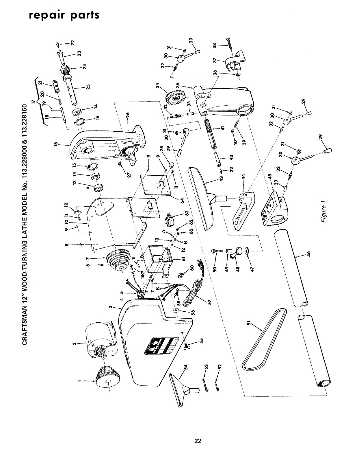 Sears Craftsman 12" Wood Lathe 113.228000 & 113.228160 Op & Parts Manual #1128