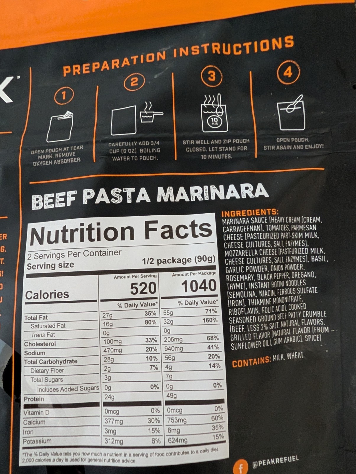 Peak Refuel Premium Freeze-Dried Meals Beef Pasta Marinara Five Pack Bundle
