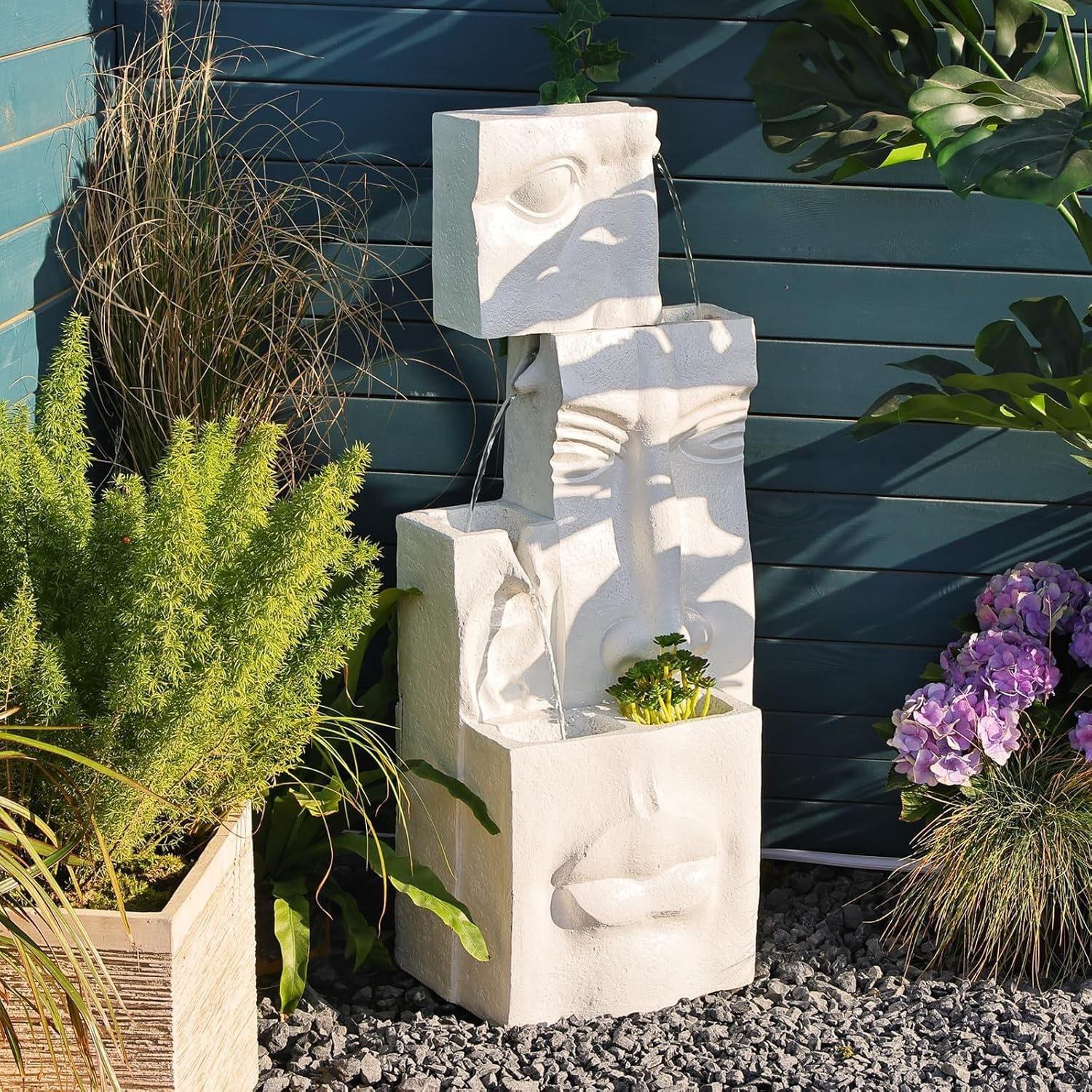 Modern 4 Tire Water Fountain Lighted Contemporary Garden Waterfall Art Sculpture