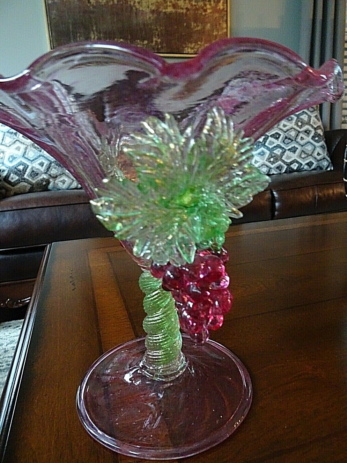 1930's SALVIATI MURANO ART GLASS Plum / Purple GRAPE Compote Footed Bowl 7.35"