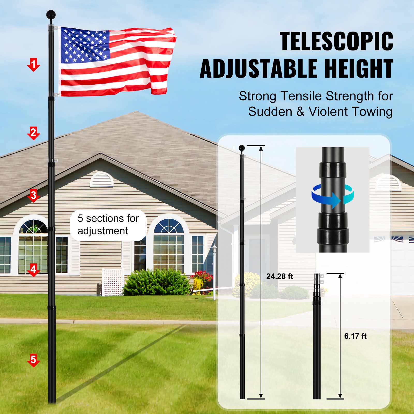 VEVOR 25FT Telescopic Flagpole Kit Heavy Duty Aluminum Flag Pole American Black