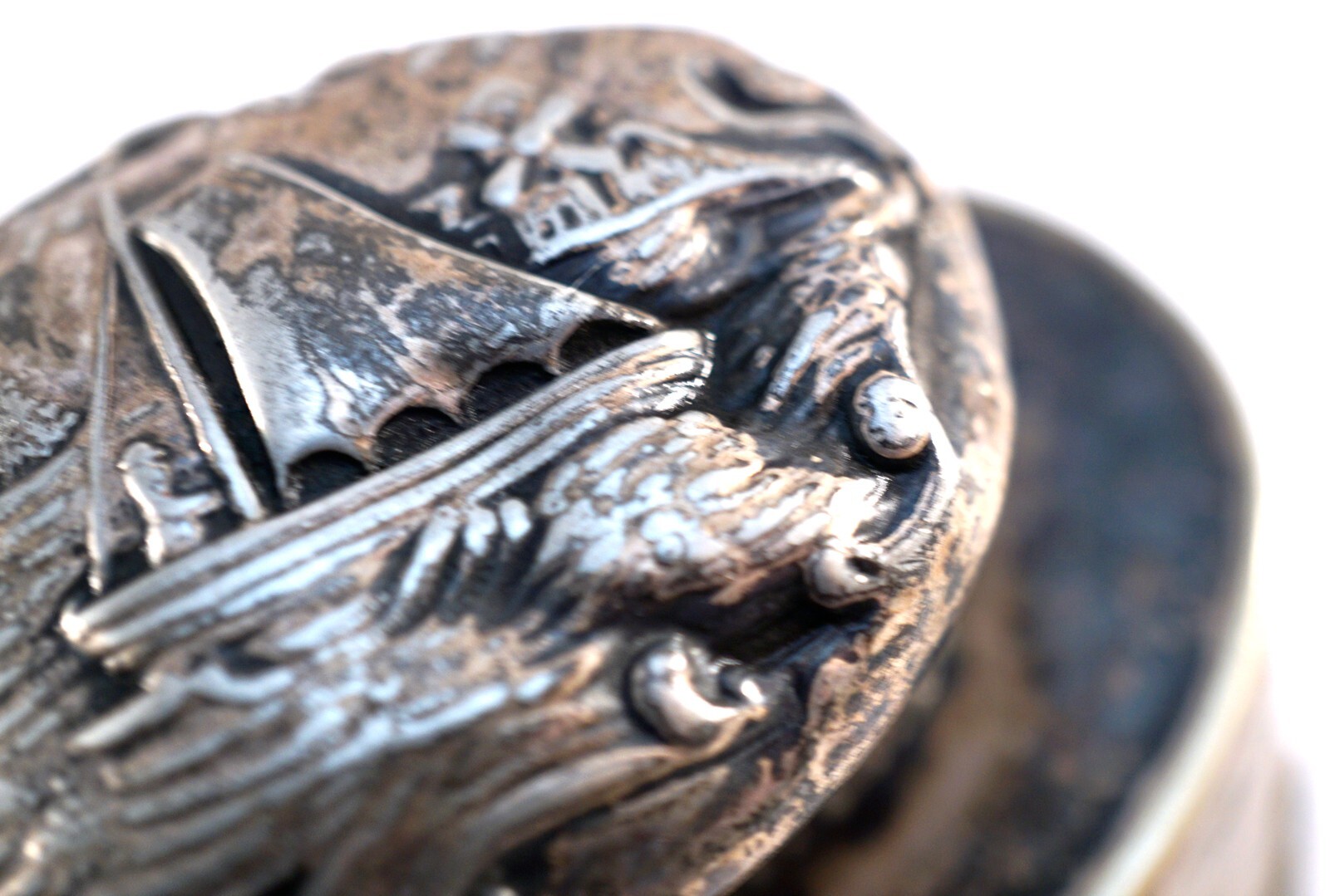 Silver Over Copper Repousse Lidded Jar Scenery of People - Sailboat on Lid