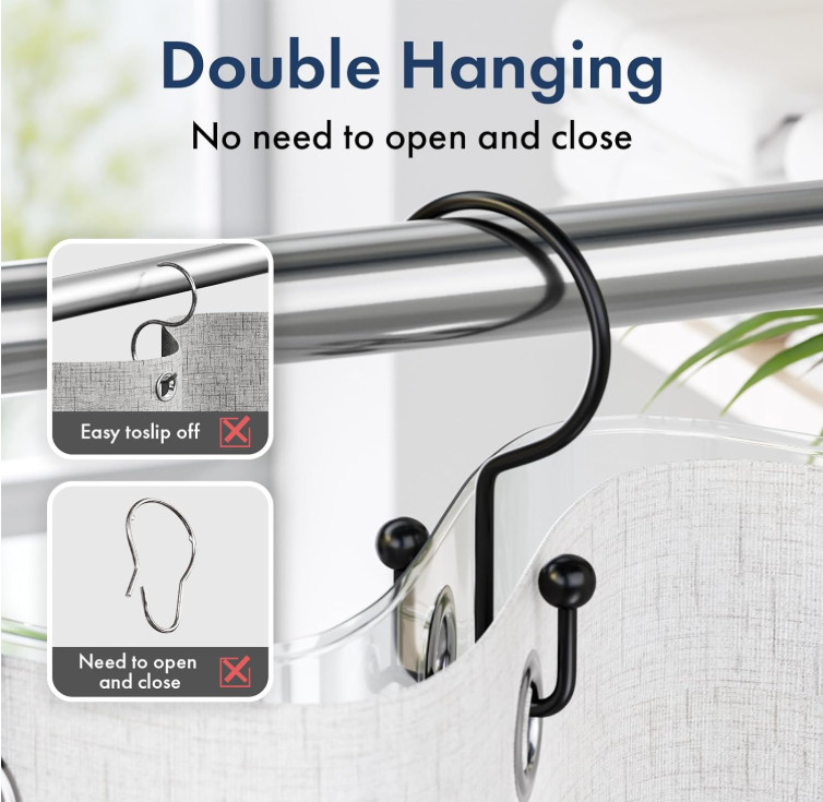 12 Ganchos Doble para Cortina Ducha Negro Mate Antióxido Metal, Nuevo