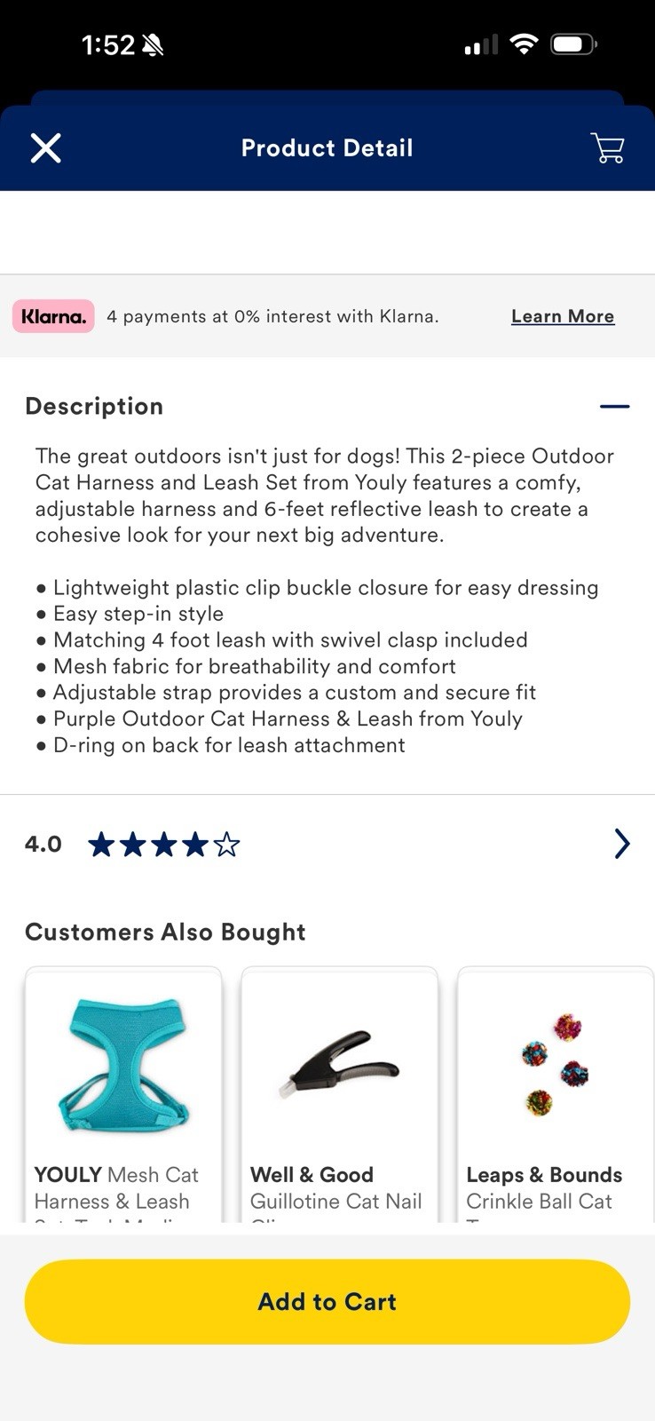 YOULY Reflective Utility Cat Harness & Leash Set, Purple & Pink, Small/Medium