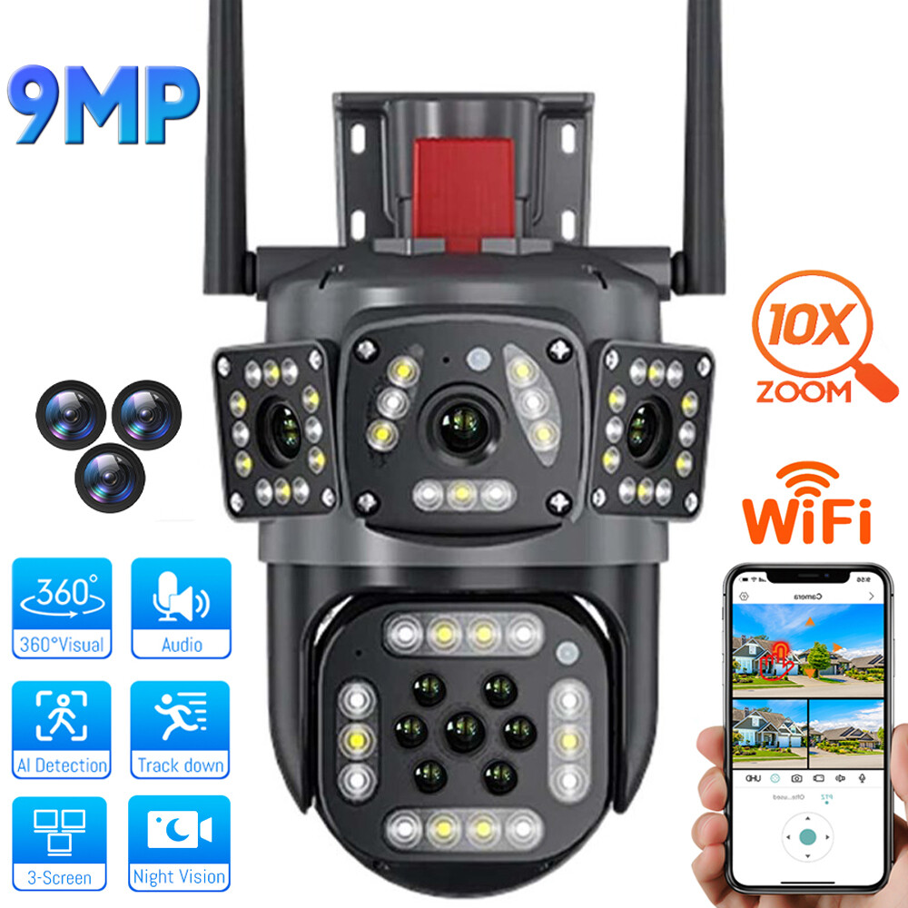 4PCS 2 Lens HD 9MP WiFi IP Camera Wireless Outdoor CCTV PTZ Home Security IR Cam