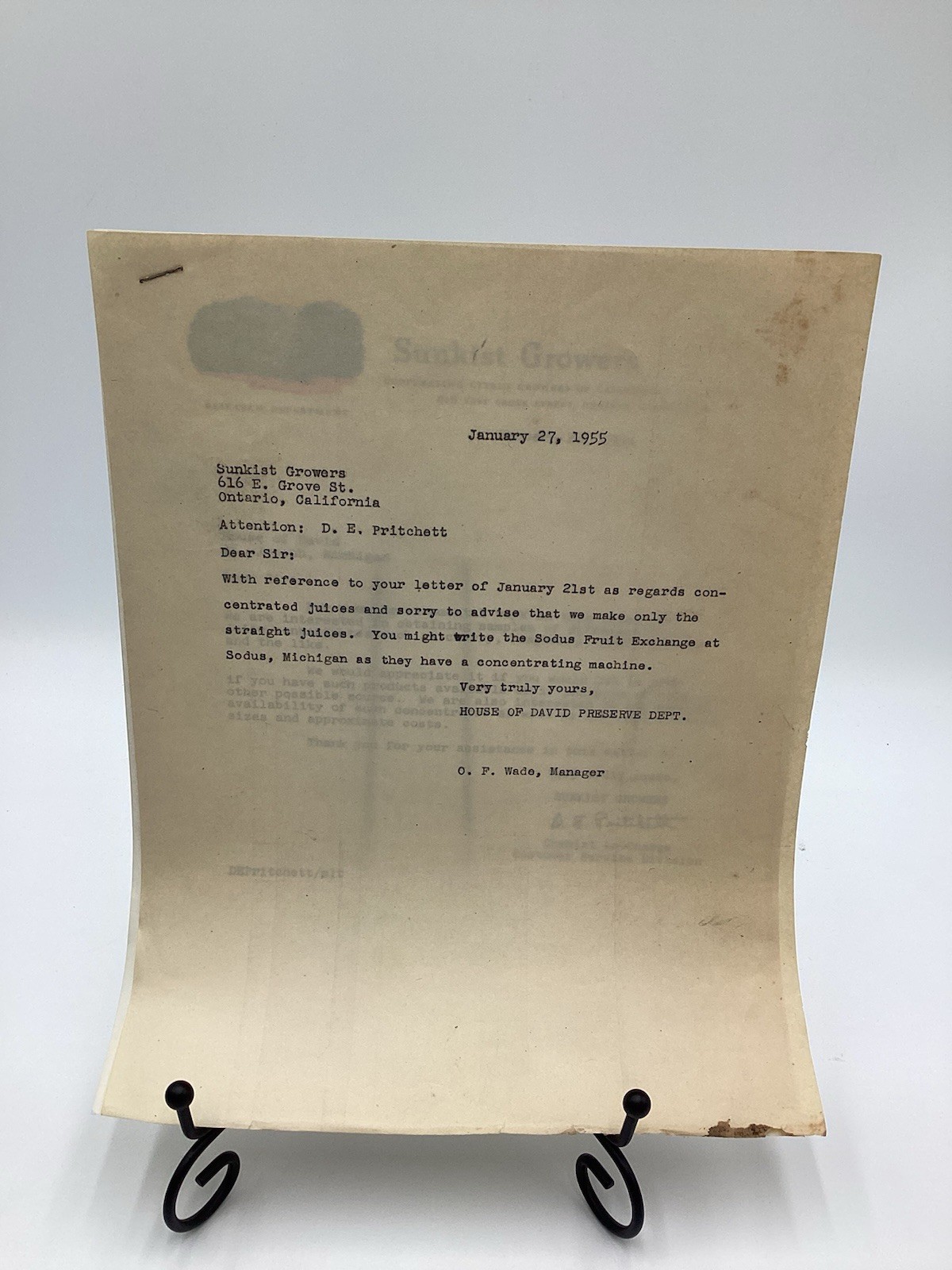 correspondence/Sunkist Growers and the House of David Preserve Department