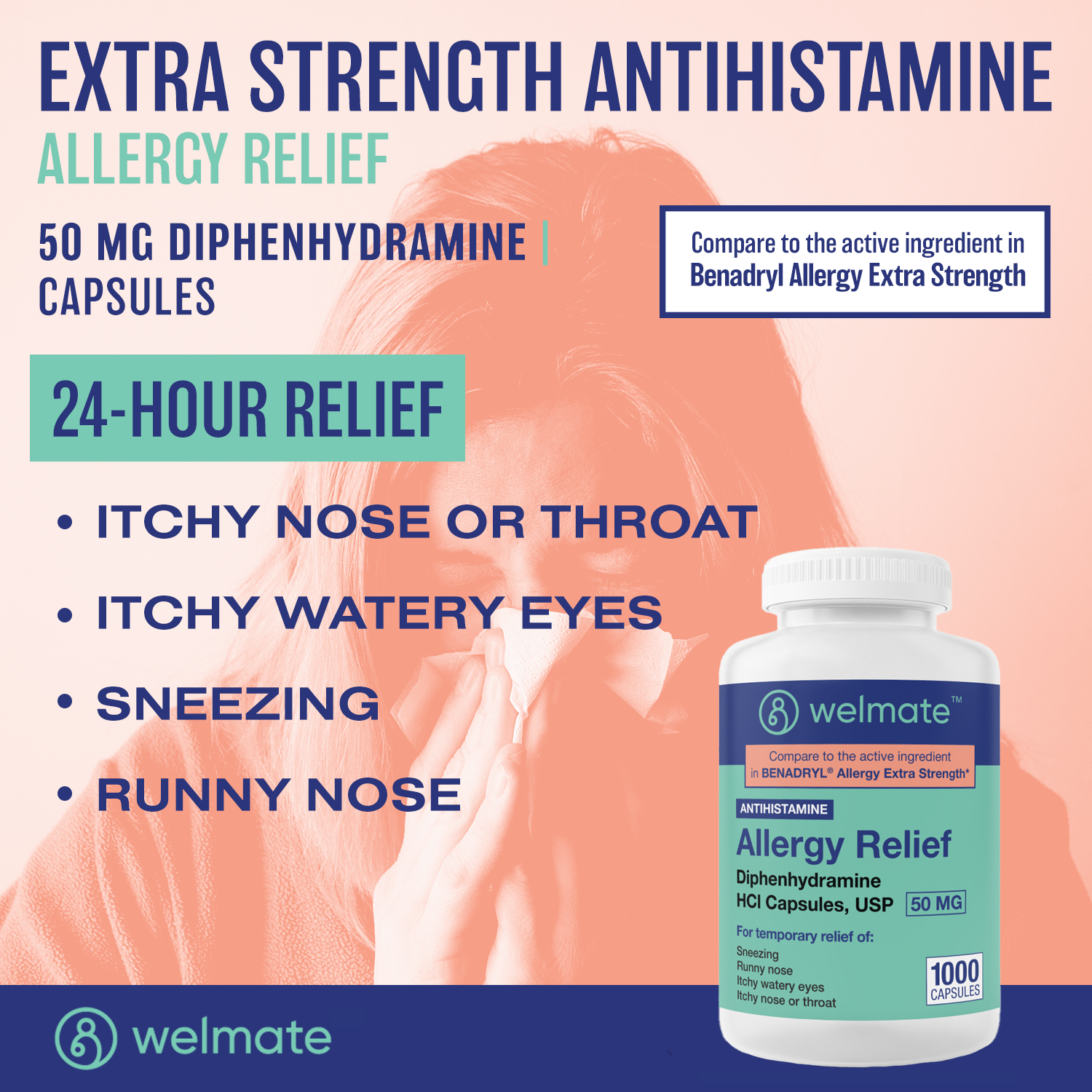 WELMATE Allergy Relief | Diphenhydramine 50 mg | 1000 Count Capsules