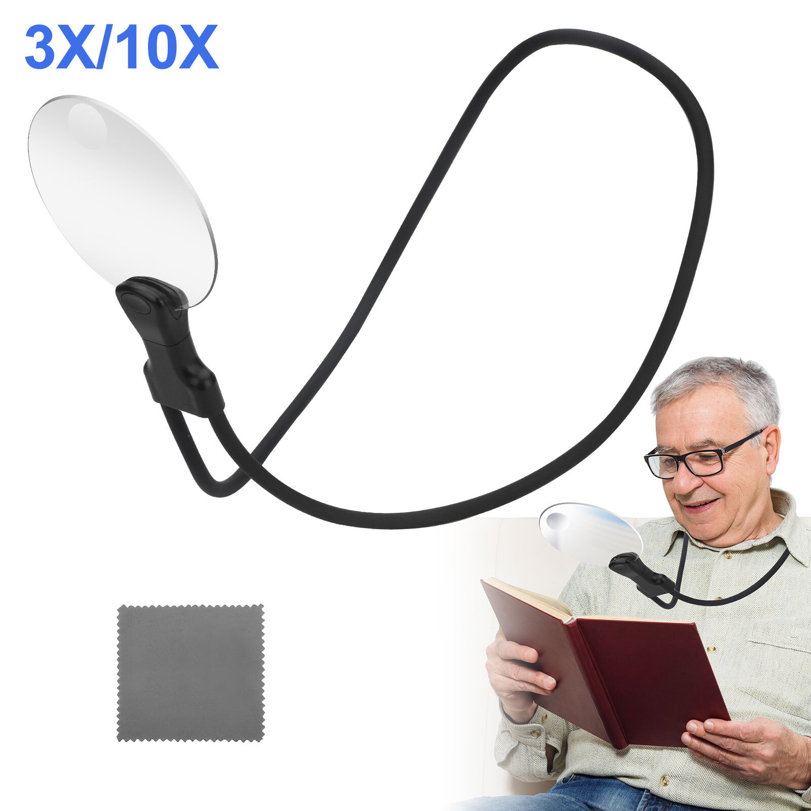 3X Detachable Hands-Free Neck Wear Magnifying Glass for Low Vision Seniors