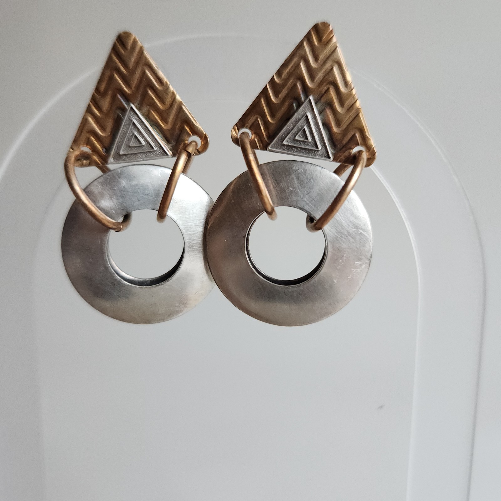 Handcrafted Geometric Artisan Post Earrings — Brass & Silver-Tone Disc Dangle